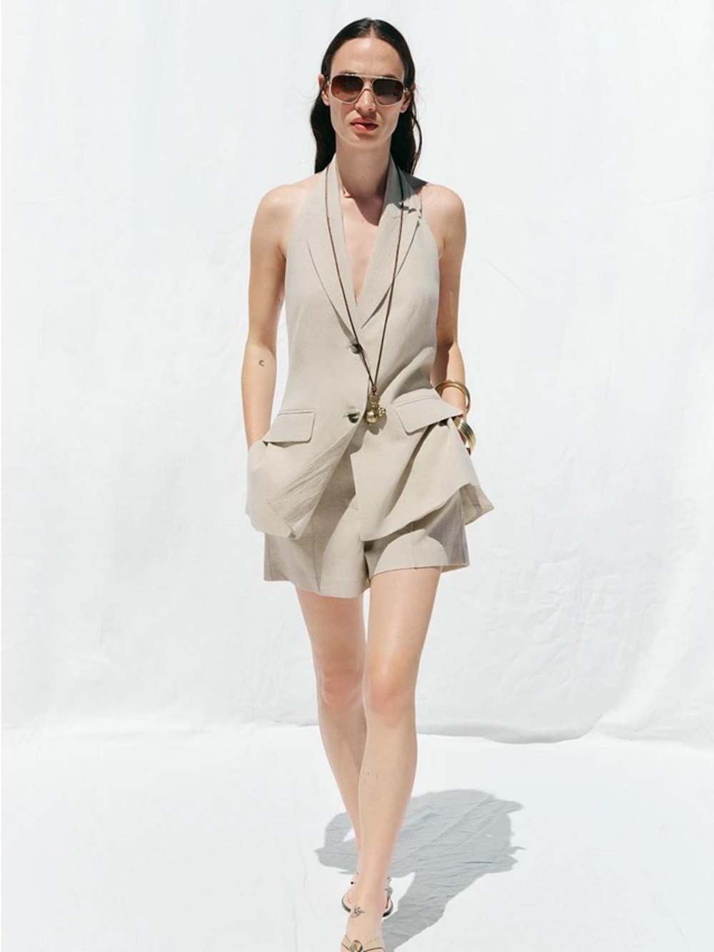 Zara Halter Linen Vest Light Beige